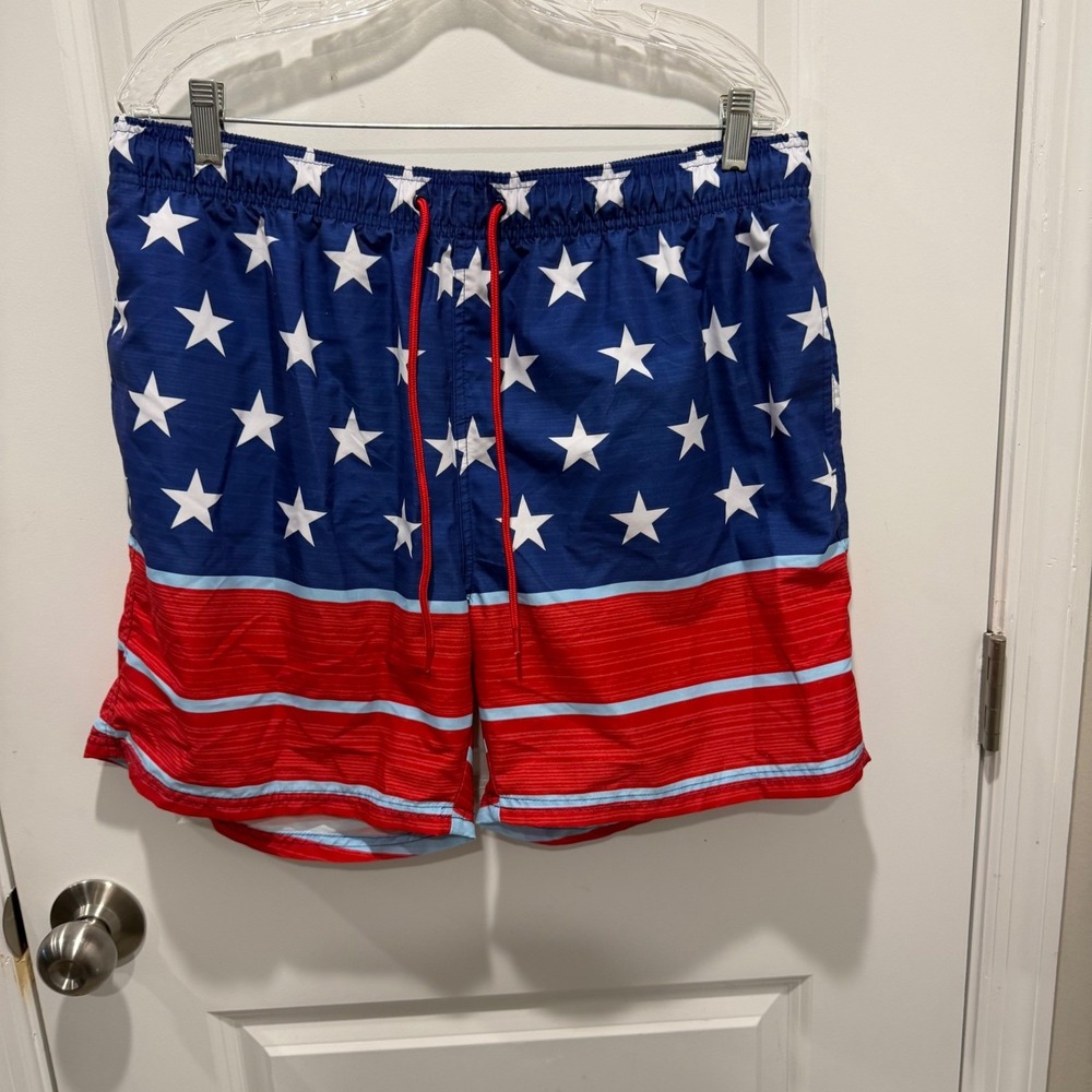 Way to Celebrate Mens Swim Trunks Patriotic American Flag Stars Stripes Size L